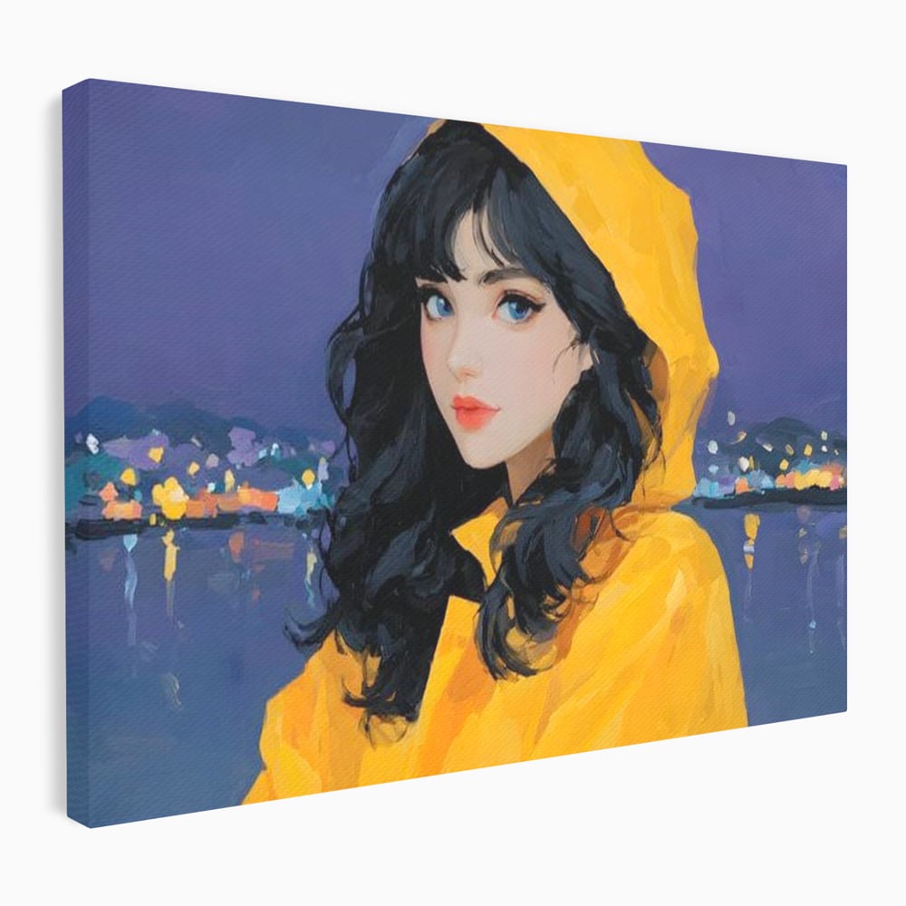 Tablou canvas cu tablou canvas cu femeie in pelerina galben, fara rama, pe sasiu de lemn